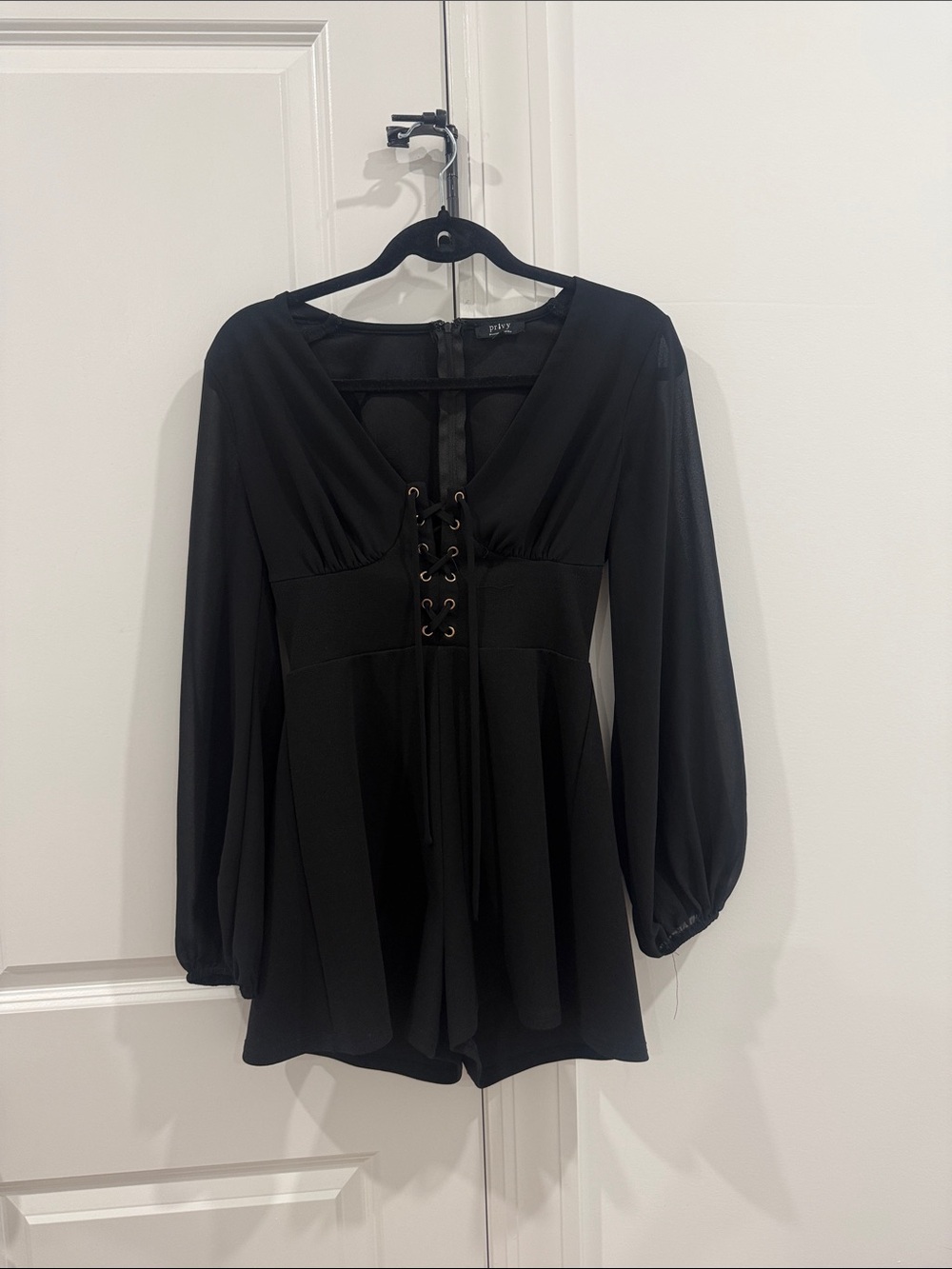privy Black Lace-Up V-Neck Long Sleeve Romper